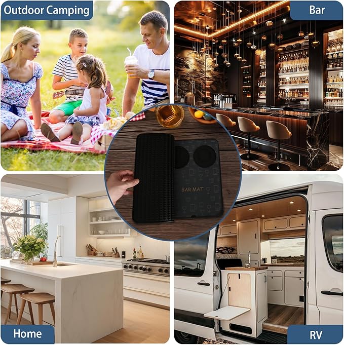 Foldable Bar Mat 18x12 inch - 3-in-1 Silicone Drying Mat with Removable Cutting Board & Rim Tray | Countertop Protector for Home, Outdoor, Travel | Professional Cocktail Accessories (Black)