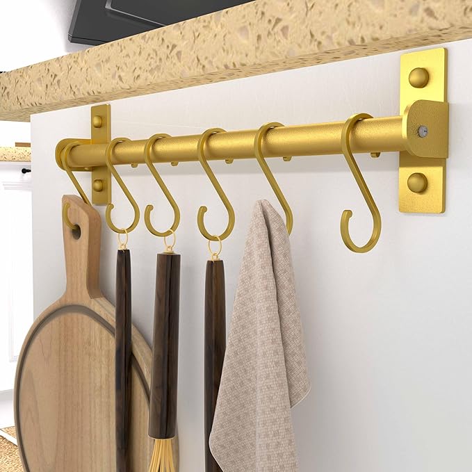 Dseap Kitchen Utensil Holder Hanger, Pot and Pan Rack Wall Mounted, Kitchen Rail with 8 Hooks for Hanging Cooking Utensils, Mugs, Spoons, Wall Mounted, Gold