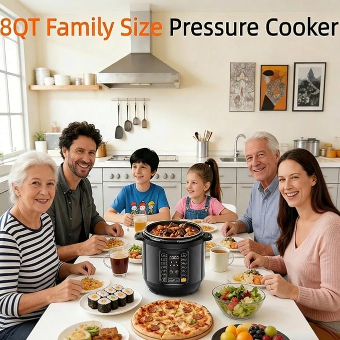 Simple Deluxe 8QT Electric Pressure Cooker, 16-in-1 & Non-Stick Stainless Steel Multi Cooker with 12 Presets for Slow Cook, Meat Stew, Steam, Sauté, Canning, Yogurt Maker, Dishwasher Safe, Black