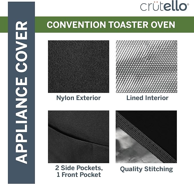 Crutello Convection Toaster Oven Cover with Storage Pockets - Fits Machines Up to 17 x 15 x 14 Inches - Black