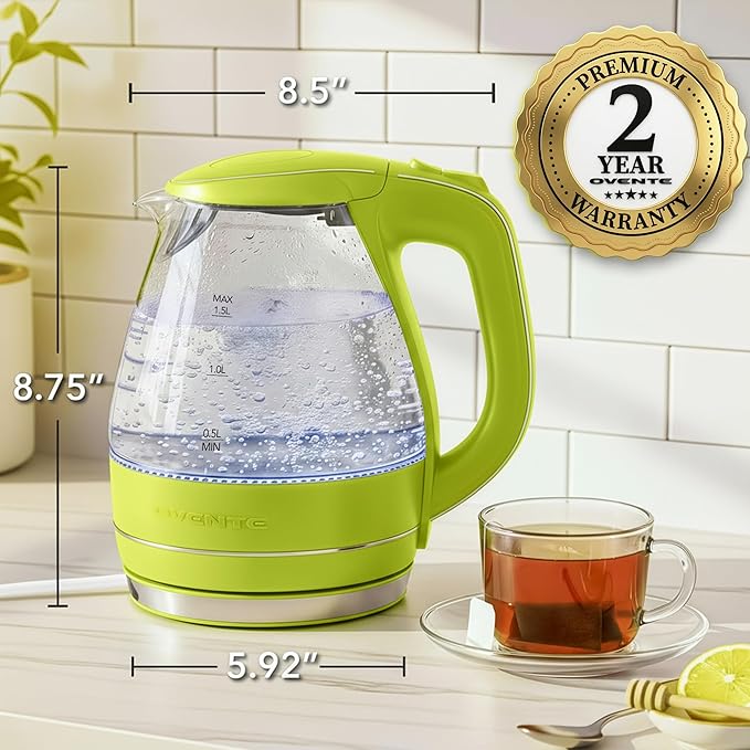 OVENTE Electric Kettle, 1.5L Borosilicate Glass Countertop Water Heater and Boiler for Coffee or Tea, BPA-Free, Auto Shut-Off, Boil-Dry Protection, Removable and Washable Spout Filter, Green KG83G