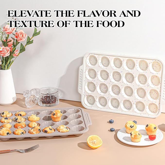 1 Pc Silicone Muffin Pans for Baking with Metal Reinforced Frame, Nonstick Cupcake Tray for Oven, 24 Cups Mini Size Silicone Molds for Egg Bites, Dishwasher Safe (Brown)