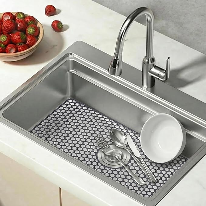 Sink Protectors for Kitchen Sink, 24.8"x 13" Farmhouse Kitchen Sink Protector Grid, Silicone Mat for Farmhouse Stainless Steel Porcelain Sink（Center Drain）