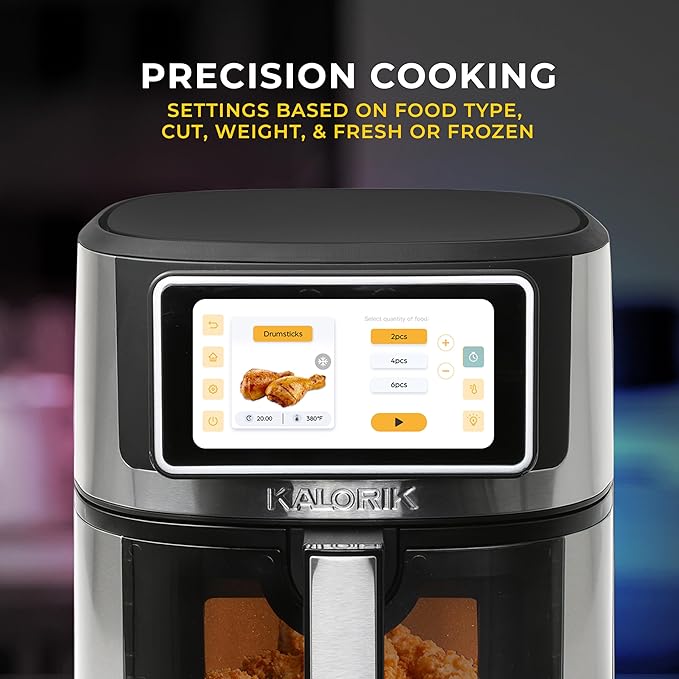 Kalorik Air Fryer VIVID TOUCH Series 5 Quart Capacity with High-Resolution Touchscreen 202 Cooking Presets in 12 Food Categories with View Window, 1500-Watts, Stainless Steel
