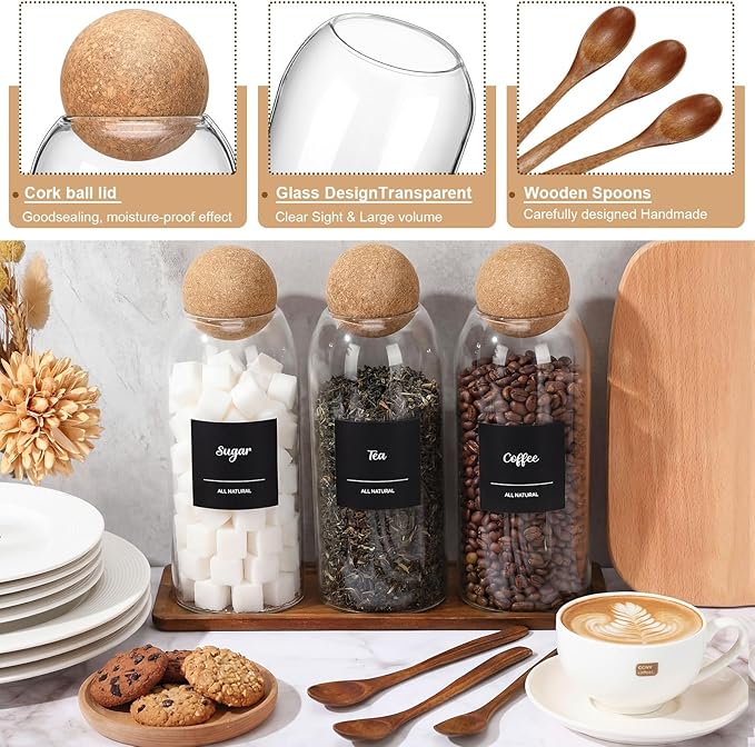 Suclain 3 Pcs Glass Coffee Storage Jar with Ball Cork Lid Wooden Spoon Shelf Labels Airtight Round Bottle Jar Food Storage Canister Set for Sugar Spice Coffee Bean Holder Candy Gift(41 oz)
