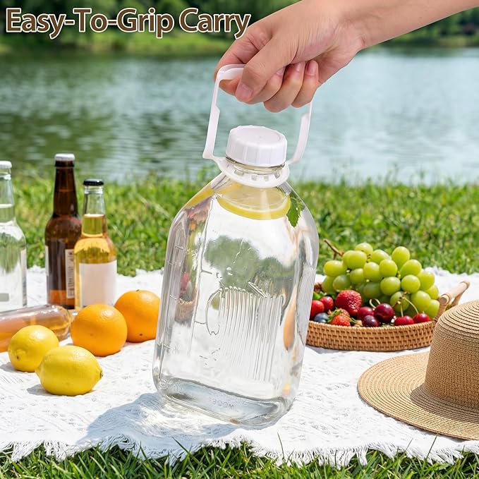 CUCUMI 2 Pack 64 Oz Glass Milk Bottle with Reusable Strong Airtight Screw Lid, 2 Qt Glass Juice Bottles for Almond Milk