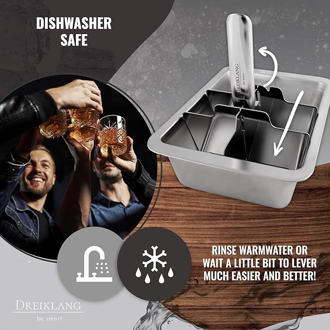 18/8 Stainless Steel XXL Ice Cube Tray with Lever Insert for Easy Release | Polished, Food-Safe & Durable | Perfect for Whiskey & Long Drinks | Alternative to Ice Stones