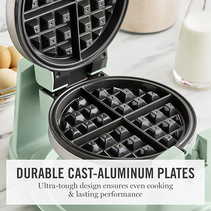 Martha Stewart Rotating Waffle Maker, 180° Flip Iron with PFAS-Free Nonstick Plates, Adjustable Timer, Ready Light, Drip Tray, Space Saving, Classic Round 7”, Easy to Clean, Stainless Steel, Honeydew