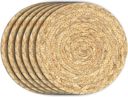 Boho Trivets for Hot Dishes, Pots and Pans, Farmhouse Water Hyacinth Hot Pads 8 Inch, Straw Pot Holders for Kitchen, Rustic Braided Heat Resistant Mat, Jute Coasters Set Wicker Decor (Natural 6 Pcs)