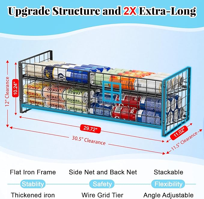 2-Tier Stackable Can Organizer for Pantry, Adjustable Extra-Long Can Rack for Pantry Shelf Organizer and Storage, Sturdy Standing Can Holder for Canned Soup Food Goods Storage up to 64 Cans, Black
