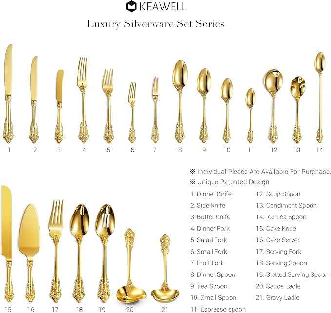 KEAWELL Luxury 45-Piece Flatware Set, 18/10 Stainless Steel Tableware, Service for 8, Antique Baroque Gold-Plated Silverware Set (Gold)