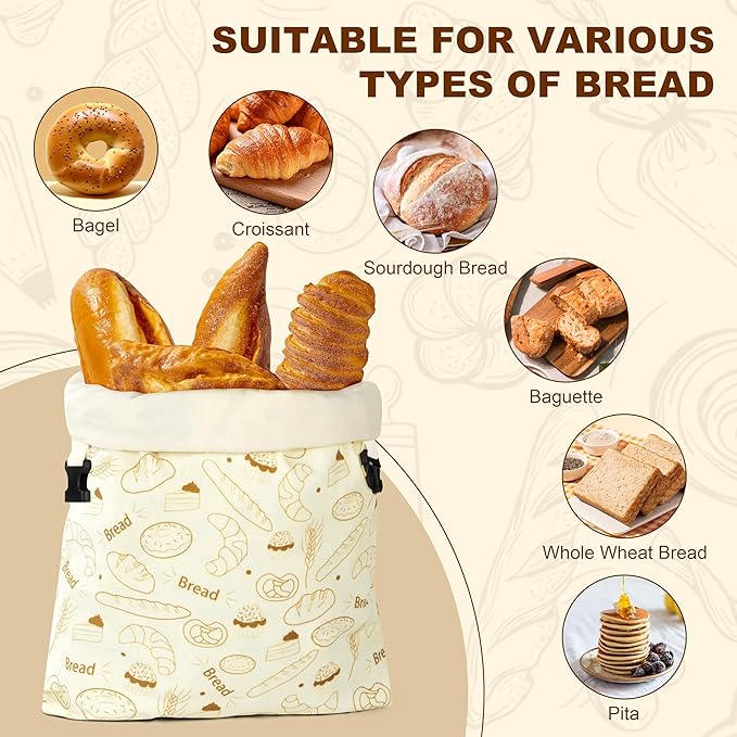 BuyCard Reusable Beeswax Bread Bags, 2-Pack Zipper Closure Cotton Bread Storage Bags for Homemade Loaf Freshness, for Baking Enthusiasts, Natural Cream with Gold Bread Pattern