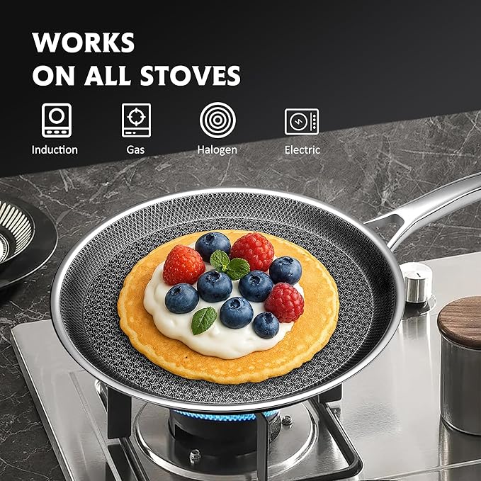 SNOWCLAD Crepe Pan,10 in Nonstick Crepe Pan, Stainless Steel Flat Skillet,Non Stick Dosa Tawa Comales Para Tortillas Pancake Pan,Dishwasher and Oven Safe Cookware,Induction Compatible, PFOA Free
