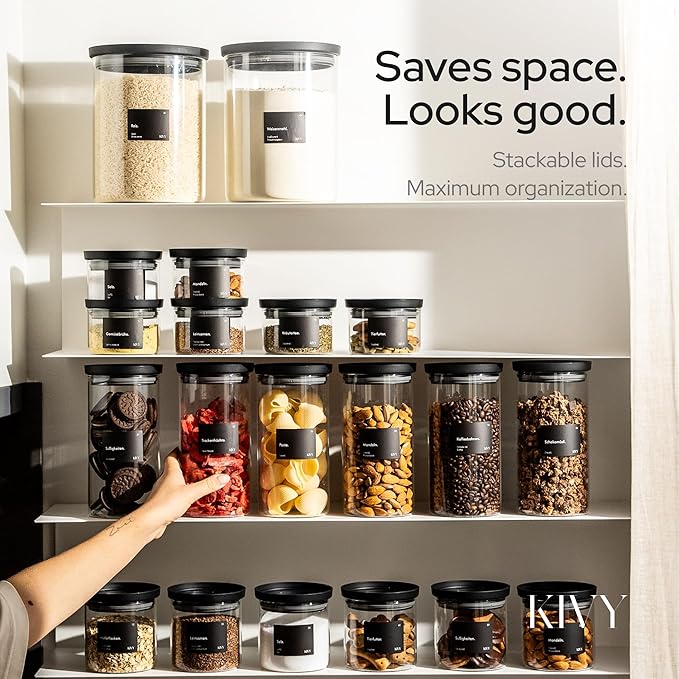 KIVY Airtight glass jars with transparent Glass Lid [2x 60oz] Glass airtight food storage containers - Pasta containers storage - Spaghetti container - Pasta containers for pantry flour Jar