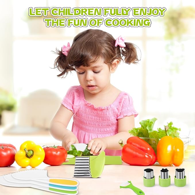 9PCS Montessori Kitchen Tools Cookware Baking Toy, Kids Knife Set for Real Cooking with Cutting Boards, Crinkle Cutte, Y Peeler, Serrated Edges Plastic Toddler Knife Kid Safe Knives