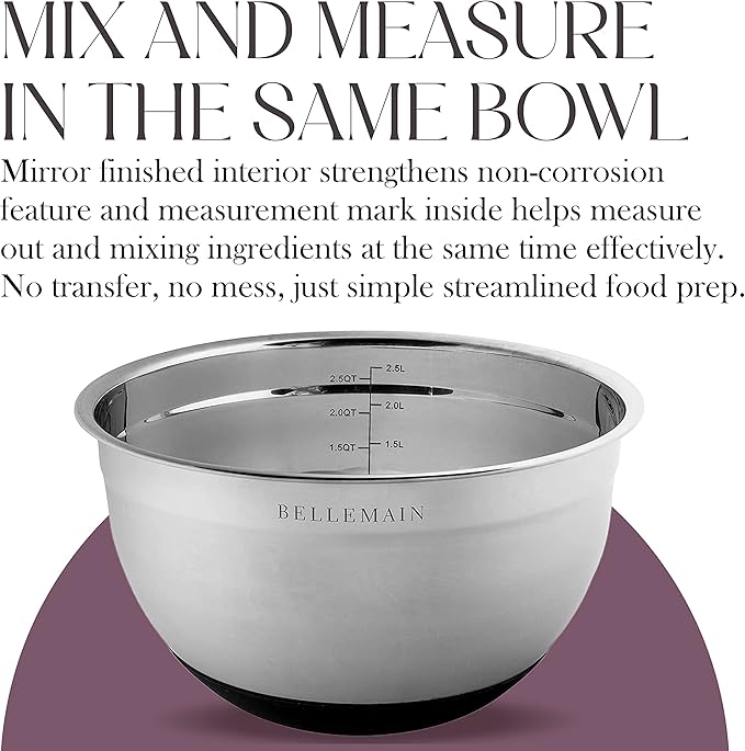 Bellemain Stainless Steel Non-Slip Mixing Bowls with Lids (5 Piece, Silver/Black)