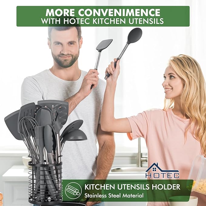 HOTEC 446°F Heat Resistant Silicone Kitchen Utensils, Cooking Utensil Set, Spatula Set, BPA Free, Kitchen Gadgets, with Stainless Steel Utensils Holder, Dishwasher Safe, 14pcs Grey