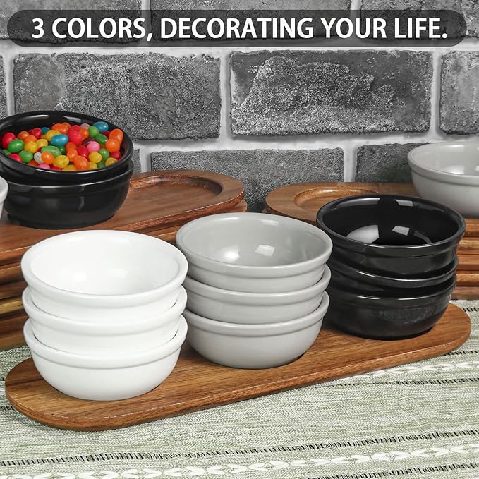 Artena 12 oz Solid Ceramic Chip and Dip Serving Set with Acacia Wooden Tray, 5-inch Black Dipping Bowls, Small Serving Bowls for Side Dishes, Salsa, Appetizer, Serving Dishes for Entertaining