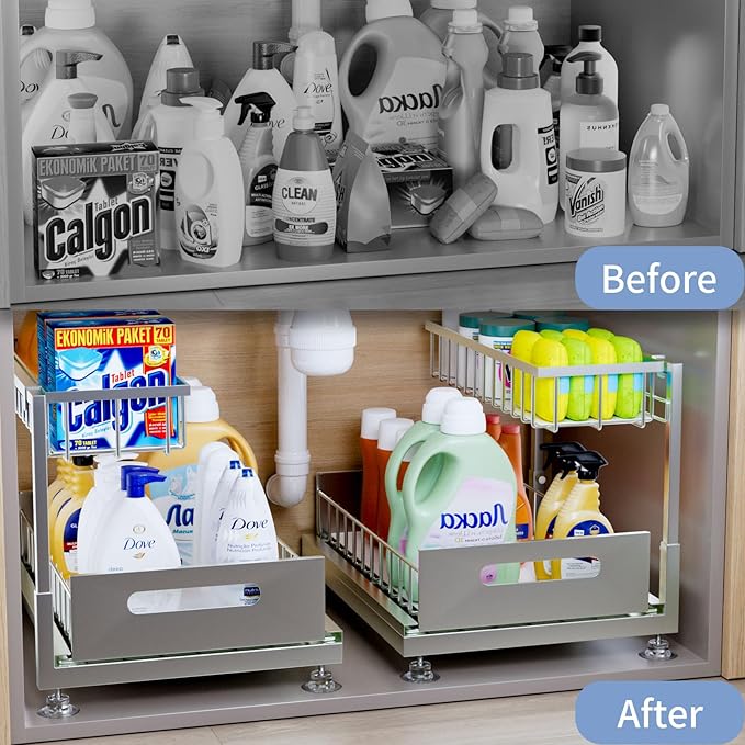 Saydear Under Sink Organizer Storage 2-Tier Premium Metal Pull-Out Kitchen Cabinet Organizer with Sliding Drawer, Height Adjustable, Heavy Duty for Kitchen & Bathroom Organizers 1 Pack Grey