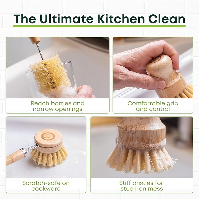 Tieralia Bamboo Dish Brush Set 5 Piece – Eco Friendly Kitchen Cleaning Kit with Bottle Brush, Long Dish Brush, Palm Scrubber & 2 Plant-Based Sponges | Plastic-Free Natural Dish Scrubber