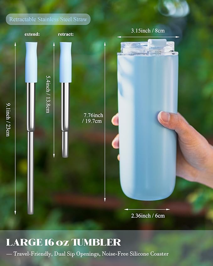 16 oz Insulated Coffee Tumblers, Travel Coffee Tumblers with Straw, Double-Wall Stainless Steel Tumbler, Leak Proof Tumbler, Reusable Cups with Lids for lced and Hot Drinks (Blue)