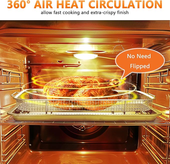 Air Fryer Basket for Oven, 2 Set Oven Air Fryer Basket and Tray with 60 PCS Parchment Papers, Stainless Steel Air Fryers Pan and Crisper Tray for for Baking Cooking and Frying(15.6"X11.6" & 13"X9.7")