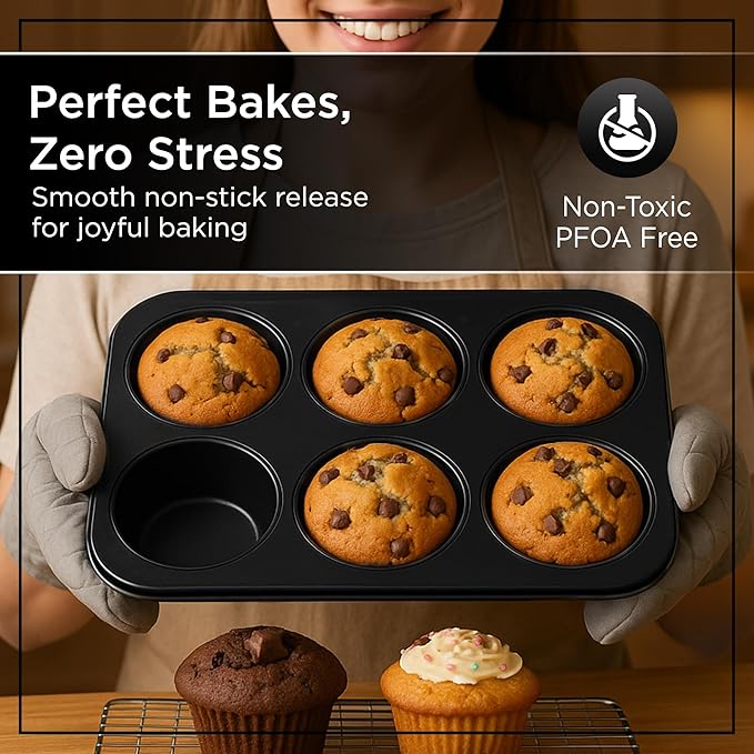 Wrenbury Jumbo Muffin Pan 6 Cup Set of 2 - Nonstick XL Deep Muffin Pan for Baking 3.75" Cup - Big Cup Tin - Oversized Extra Large Cupcake Mold - PTFE Free