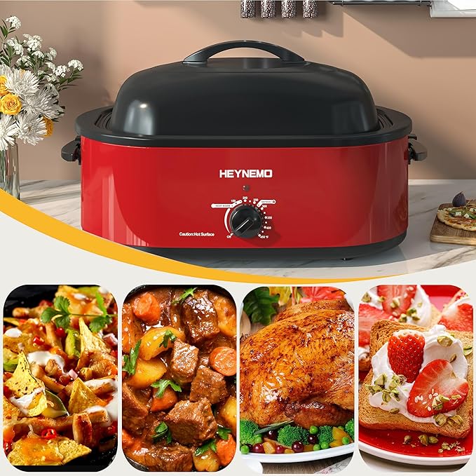 18Qt Roaster Oven Buffet with Self-Basting Lid, 1450W Stainless Steel Electric Turkey Roaster Oven with Cool-Touch Handles, Removable Pan and Rack, Red