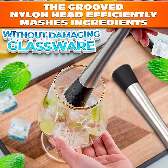 2 Pcs Bar Muddler for Cocktails - 8" Stainless Steel Muddler for Lemonade with Glass-Safe Grooved Nylon Head, Dishwasher Safe - Lemonade Stand Supplies for Mojitos, Citrus, Mint, Herb & Fruit Mixing