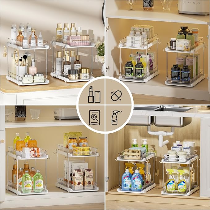 Delamu 2 Tier Bathroom Under Sink Organizers and Storage with Hook, Multi-Purpose Cabinet Drawers with Movable Dividers, Pull Out Organization for Countertop, Kitchen and Pantry(White, 4 Pack)