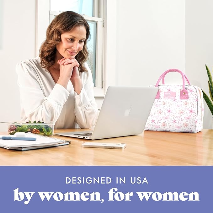 Fit & Fresh Bloomington Lunch Bag for Women - Insulated Large Lunch Box for Work with Containers, Leak-Resistant, Stain-Resistant, Zipper Closure, Sweet Floral Bows