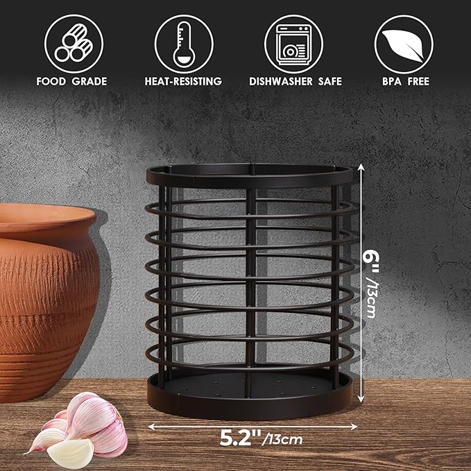Utensil holder for Kitchen Counter - 5.2" x 5.2" x 6" Large Round Utensils Holder with Wooden Base Matte Black Cooking Utensil Holder，Kitchen countertop Utensil Organizer