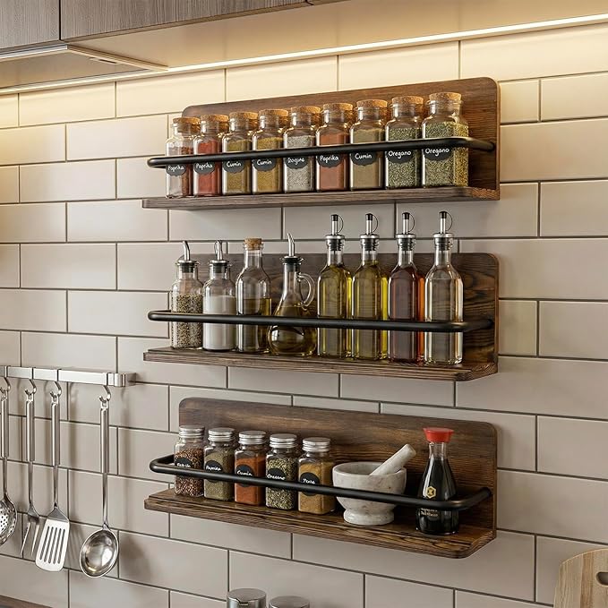 MyGift Plate Wall Hangers for Display, Set of 3 Wall Mounted Plate Rack for 6 to 10 Inch Plates, Decorative Wood Stand Shelf and Black Metal Rack Decor Hangers