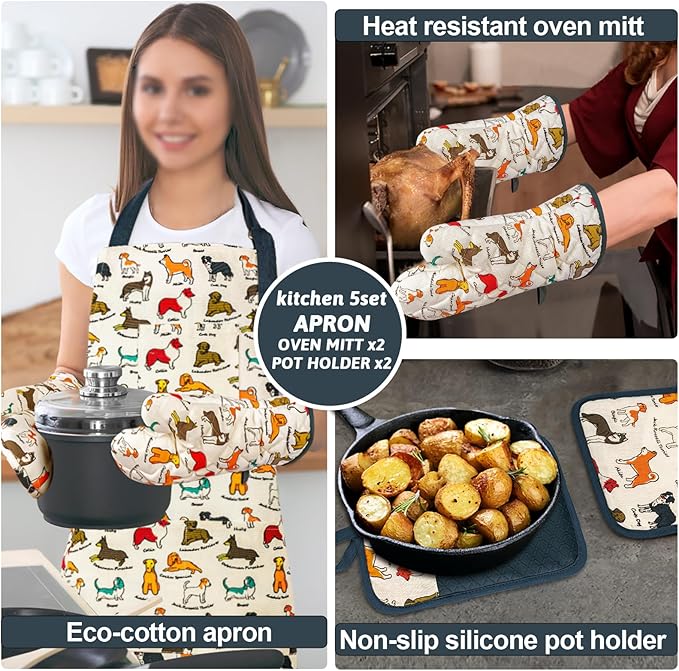 Alselo Oven Mitts and Pot Holders with Chef Apron,Set of 5 Heat Resistant Kitchen Gloves and Silicone Non-Slip Potholders Adjustable Neck Buckle Chef Apron, Cotton Nice Design for Cooking (Dog)