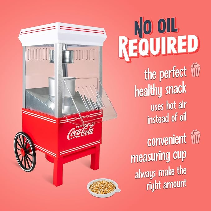 Nostalgia Vintage Coca-Cola Hot-Air Popcorn Maker Machine - Makes Up to 12 Cups - Oil-Free - Healthier Popcorn - Classic Stand-Up Cart With Wheels - Includes Kernel Measuring Cup - White & Red