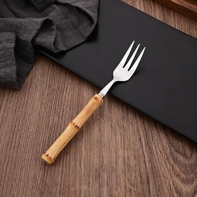 8-Piece Natural Bamboo Small Dessert Forks, 6.3 Inches Stainless Steel with Bamboo Handle, Cake Forks