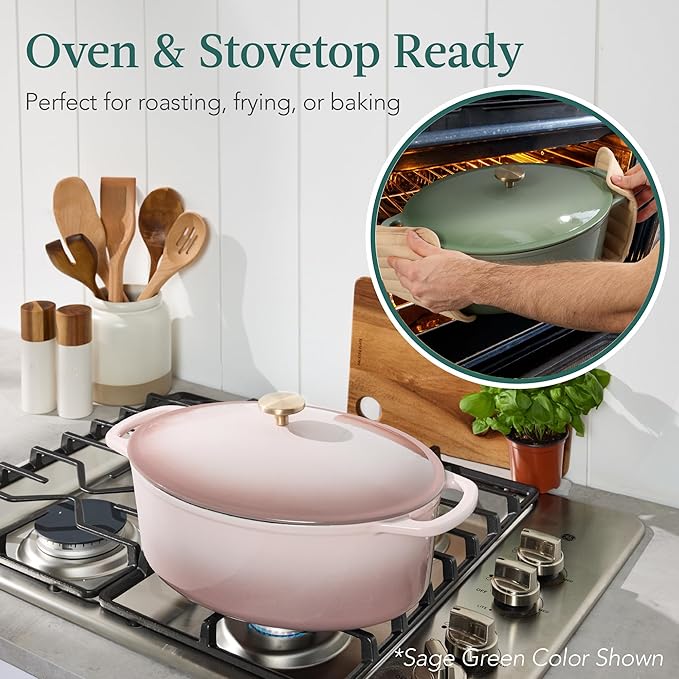Best Choice Products Oval 7.5 Quart Enamel Cast-Iron Dutch Oven, Heavy-Duty Pre-Seasoned for Baking, Cooking w/Side Handles – Mushroom Beige