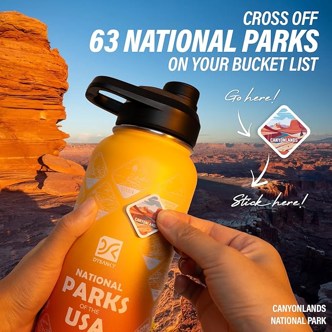 DYSANKY National Parks Water Bottle – 32 oz Insulated Stainless Steel Bottle with 63 Hand-Drawn Park Stickers, Carrier Bag, Strap & Gift Box – BPA-Free – Ideal for Hiking, Camping & Travel