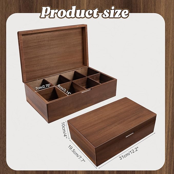 Acacia Wood Tea Bag Organizer Box – 8-Compartment Tea Storage Container Tea Caddy Holder with Removable Dividers – Rustic Tea Chest for Kitchen Counter, Coffee & Tea Station, Gifts