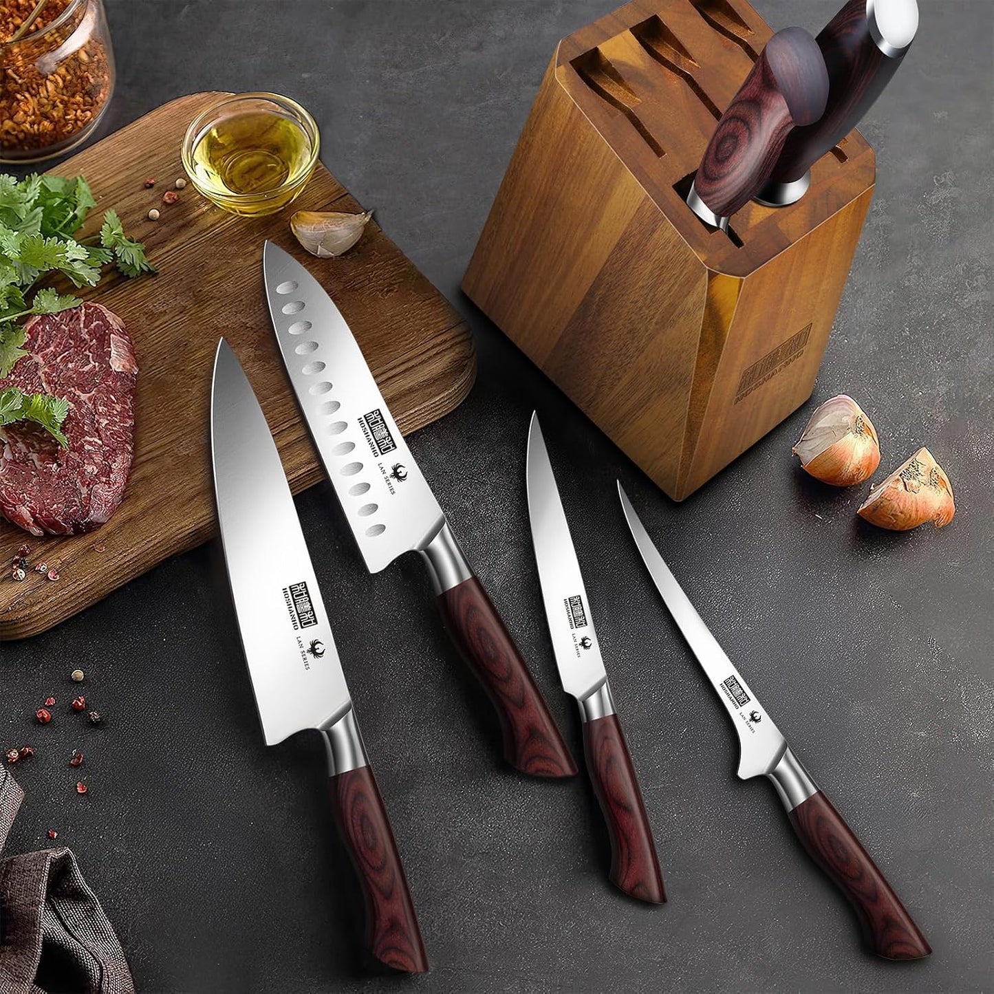 HOSHANHO 7-Piece Knife Set with Block - High-Carbon Stainless Steel Kitchen Knife, Ultra Sharp Professional Chef Knives with Sharpener