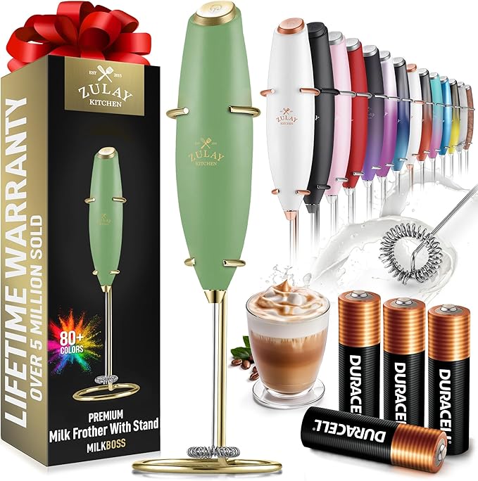 Zulay Kitchen Powerful Milk Frother Wand With 4 AA Duracell Batteries - Ultra Fast Handheld Drink Mixer - Electric Whisk Foam Maker for Coffee, Lattes, Cappuccino, Matcha & Creamer - Forest Gold