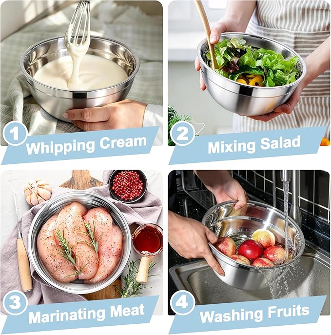 TeamFar Mixing Bowls, Stainless Steel Nesting Salad Bowls with Airtight Lids Set, For Serving/Mixing/Storing, Healthy & Long-lasting, Dishwasher Safe & Easy Clean, 4.6/3 / 1.5 QT, Black
