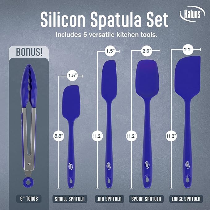 Kaluns Silicone Spatula Set, 4 Rubber Spatulas 600°F Heat Resistant, Nonstick Seamless Design with Stainless Steel Core, Dishwasher Safe, BPA free, Bonus Tongs Included