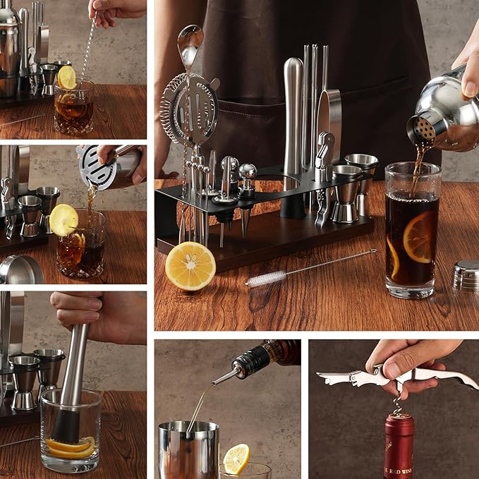 23-Piece Bartender Kit, Cocktail Shaker Set with Stand | Bar Set Drink Mixer Set with All Essential Bar Tools: Martini Shaker,Bar Mixer Spoon, Jigger, Strainer, Muddler, Pourers, for Home, Bar, Party