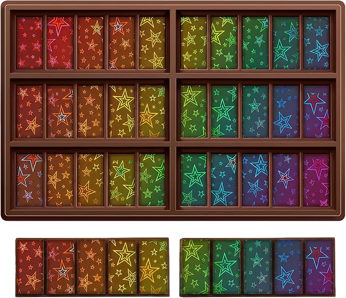 Ziliny Star Holographic Chocolate Bar Mold Silicone, Rainbow Light Effect Chocolate Bar Deep Thick Molds for DIY Candy Dessert Baking, Candy, Wax Melts, Cake Decoration (Rectangle)