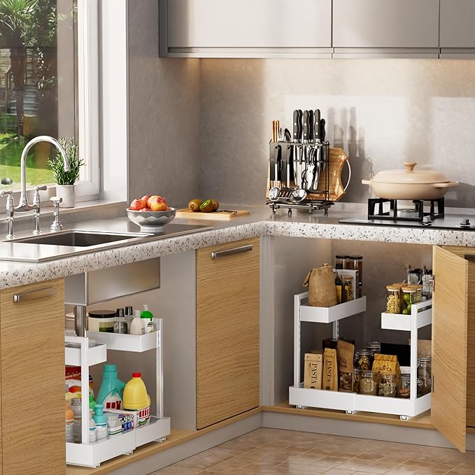 NEWMATIC Adjustable Under Sink Organizer Pull Out Drawers, 2-Tier Slide Out Cabinet Storage Shelf for Kitchen Sink, Height & Width Extendable White, 15''D x 13''-20.5''W x 15''H(1Pack)