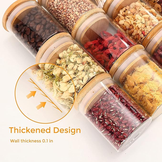 VIKEYHOME 18 pcs Glass jars Set, 12 set - 6oz Spice Jars Set with Bamboo Lids, 6 pcs Small Condiments Wooden Spoons, Airtight Glass Food Cereal Storage Containers for Kitchen (Set of 18, 6oz)