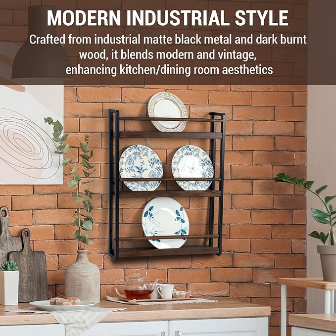 MyGift 3-Tier Wall Mounted Plate Display Rack – Industrial Matte Black Metal & Dark Burnt Wood Storage for 6-10 Inch Plates, Decorative Plate Holder for Kitchen or Dining Room