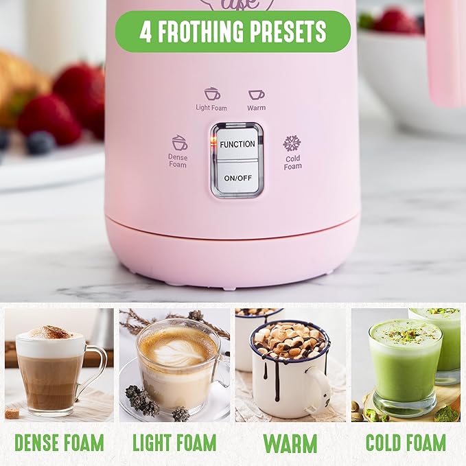 GreenLife Ceramic Electric Milk Frother, 10oz, 4-in-1, Auto Hot and Cold Foam, Dense and Light Foam, PFAS Free, Cordless Milk Warmer and Steamer for Latte, Coffee, Pink