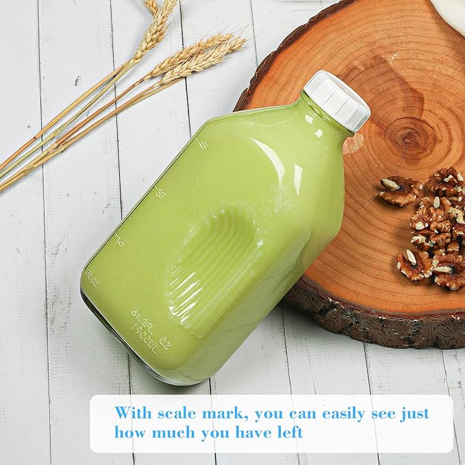Syntic 2 Qt Glass Milk Bottle with Reusable Strong Airtight SCREW LID, 64 Oz Glass Juice Bottles for Almond Milk, Oat/Nut Milk- 0.5 Gal Water Bottle with 2 Exact Scale Lines, Extra Handle AND Cap！